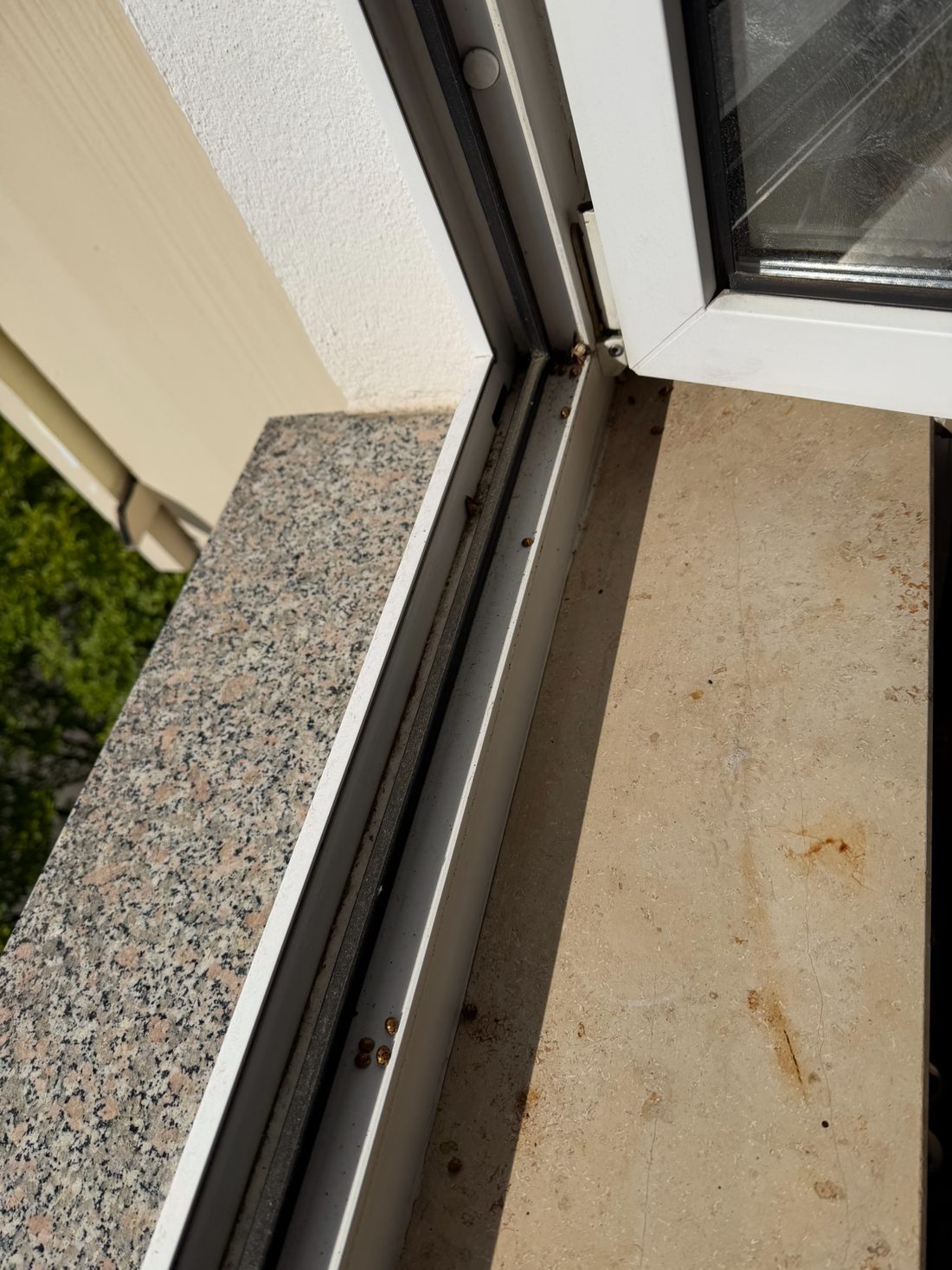 Fensterfalz und Fensterbank vor der Reinigung